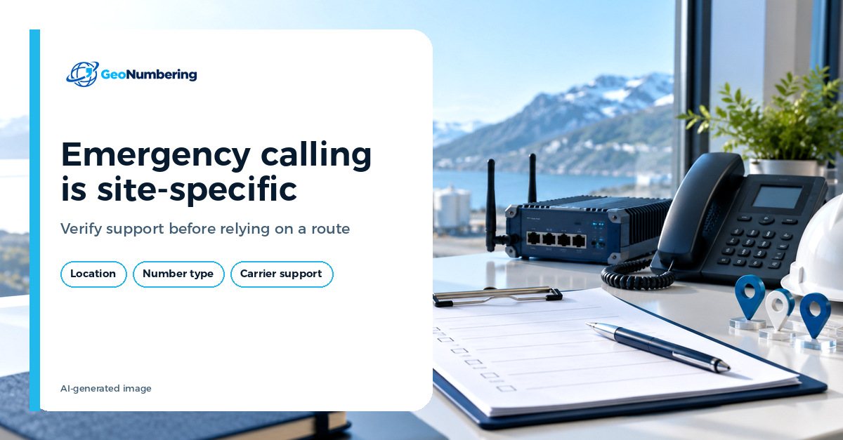 GeoNumbering editorial image titled 'Emergency calling is site-specific' beside a desk with a checklist, a desk phone, a network device and map pins.