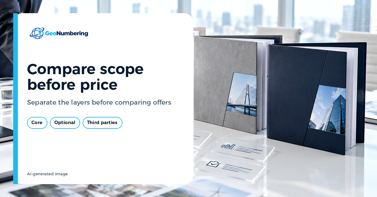 GeoNumbering editorial image titled 'Compare scope before price' beside two offer dossiers and transparent cards on a bright table.
